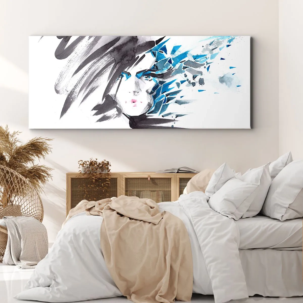 Obraz na płótnie - Artystyczna akwarela twarzy z niebieskimi akcentami - 160x50cm - Portret zmysłowy w szarości i błękicie - Nowoczesna dekoracja ścienna do salonu i sypialni ARTTOR