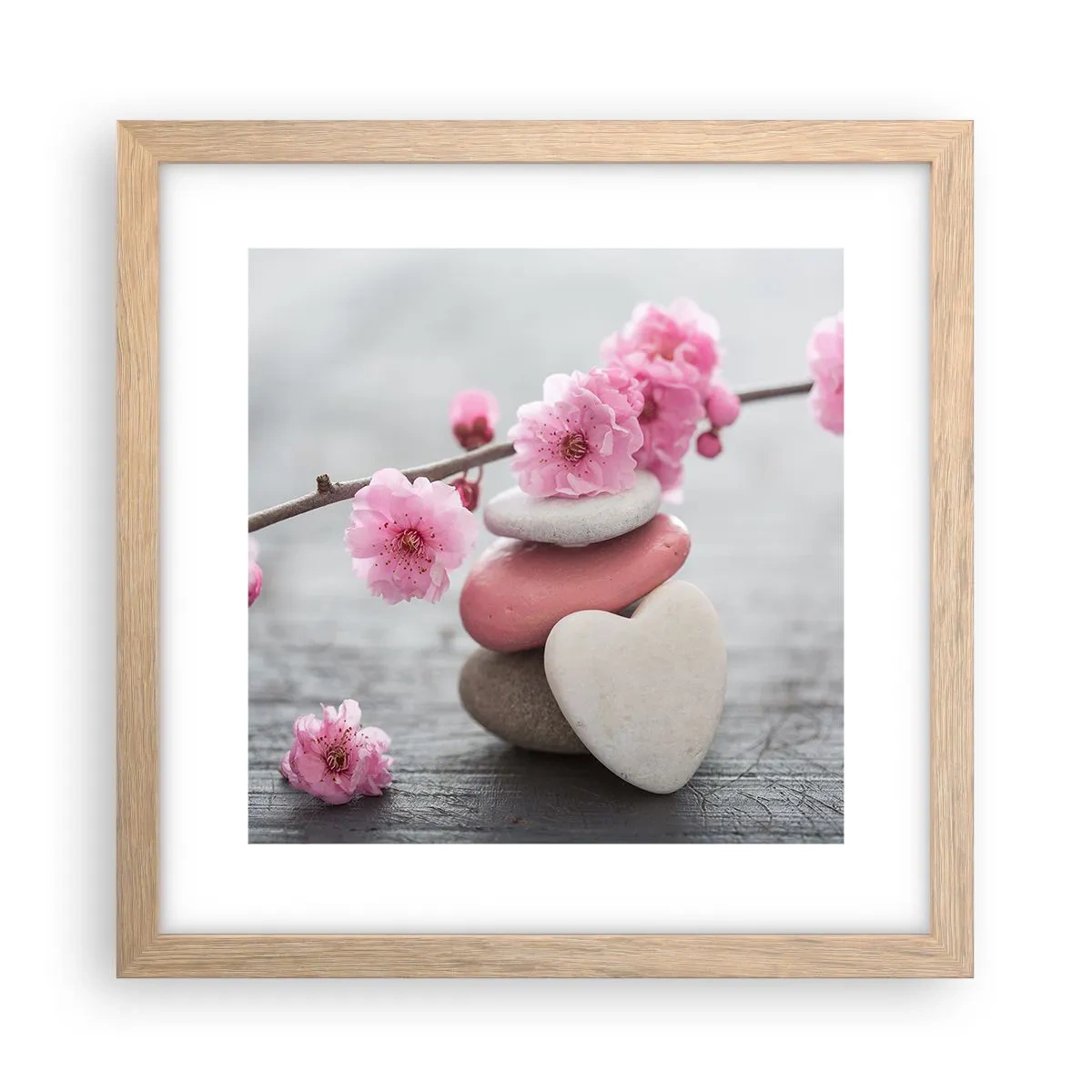 Plakat w ramie jasny dąb - Błogość z kwiatem wiśni - 30x30 cm