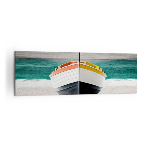 Obraz na płótnie - Łódź na plaży z turkusowym morzem w tle - 160x50cm - Na swoim miejscu - Nowoczesna dekoracja ścienna do salonu i sypialni ARTTOR