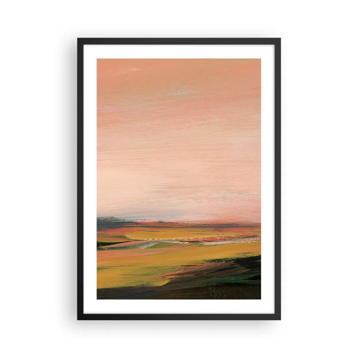 Plakat w czarnej ramie - Abstrakcyjny pejzaż w ciepłych odcieniach zachodu słońca - 50x70cm - W różowej tonacji - Nowoczesna dekoracja ścienna do salonu i sypialni ARTTOR