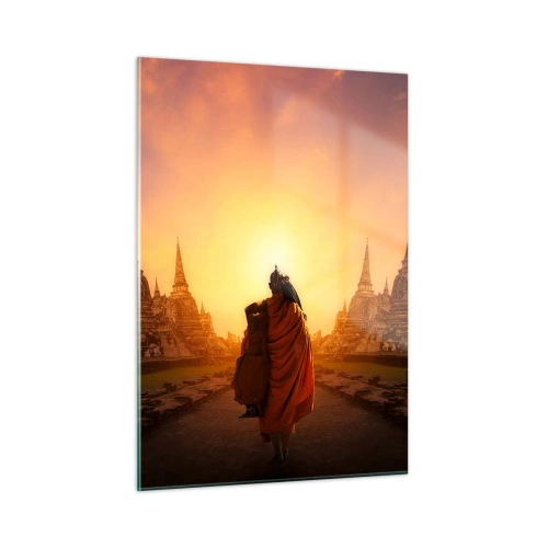 Obraz na szkle - Mnich na tle zachodzącego słońca i świątyń w Azji - 50x70cm - W spokoju przez wieczność - Nowoczesna dekoracja ścienna do salonu, kuchni i sypialni ARTTOR