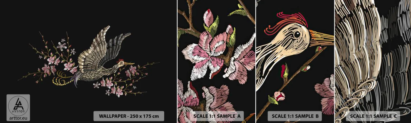 Fototapeta Próbka Samoprzylepna Deluxe Sticker - Egzotyczny, haftowany ptak - Ptak, Grafika, Kwiaty - 100x30 cm