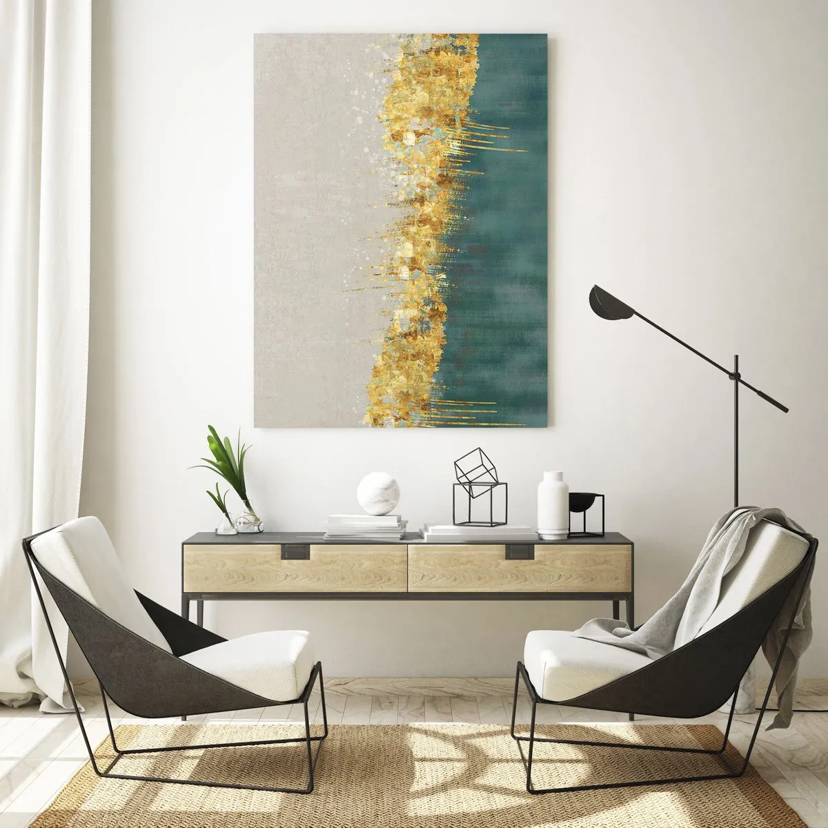 Obraz na szkle - Złote akcenty tworzące granicę między beżem a butelkową zielenią - 50x70cm - Złota granica - Nowoczesna dekoracja ścienna do salonu, kuchni i sypialni ARTTOR