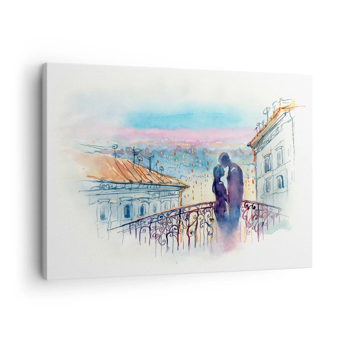 Obraz na płótnie - Romantyczna para na balkonie z widokiem na miasto - 70x50cm - Paryscy kochankowie - Nowoczesna dekoracja ścienna do salonu i sypialni ARTTOR