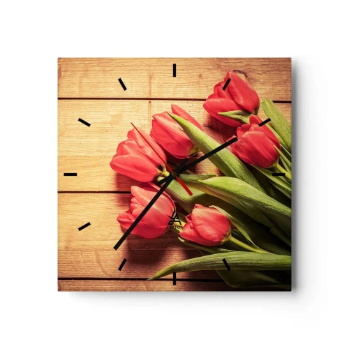 Zegar ścienny - Bukiet różowych tulipanów na drewnianym tle - 30x30cm - Wiosenne wyznanie - Nowoczesna dekoracja ścienna do salonu i sypialni ARTTOR