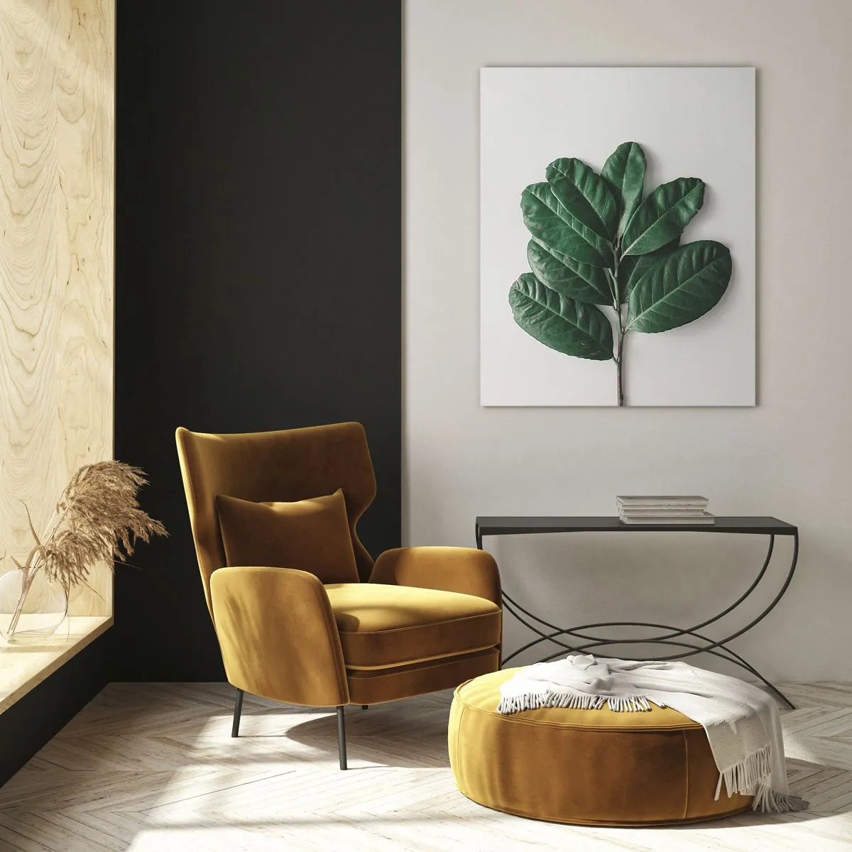 Obraz na szkle - Gałązka z zielonymi liśćmi na jasnym tle - 50x70cm - Rysunek samej natury - Nowoczesna dekoracja ścienna do salonu, kuchni i sypialni ARTTOR