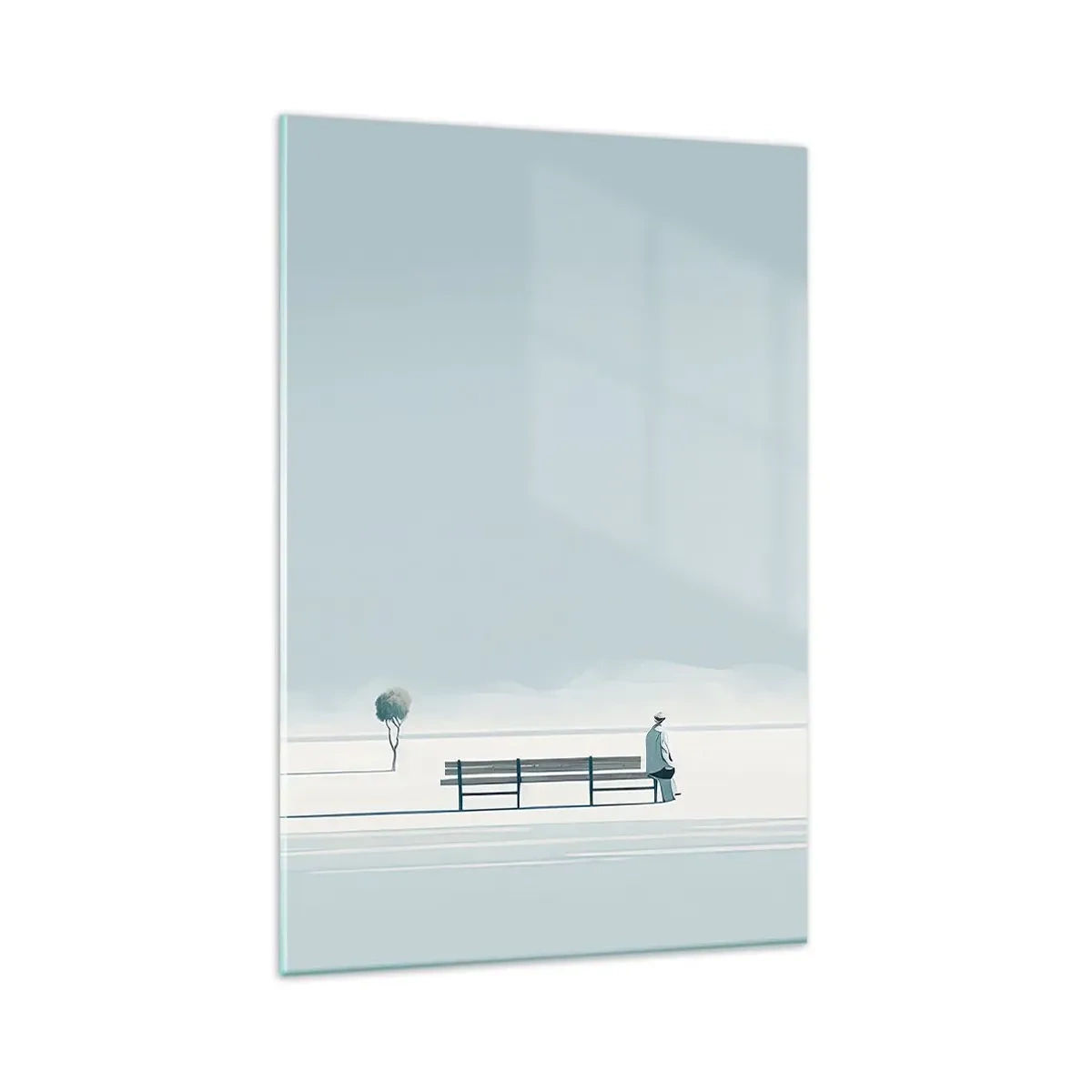 Obraz na szkle - Osoba siedząca na ławce w minimalistycznym krajobrazie - 80x120cm - Tak, czekam. - Nowoczesna dekoracja ścienna do salonu i sypialni ARTTOR