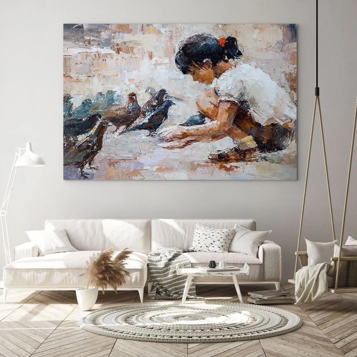 Obraz na szkle - Dziewczynka karmiąca ptaki na tle impresjonistycznym - 70x50cm - Maluczcy i najmilsi - Nowoczesna dekoracja ścienna do salonu i sypialni ARTTOR
