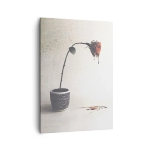 Obraz na płótnie - Symboliczny obraz zwiędłej róży w doniczce z rozlanym kolorem - 50x70cm - Rosa dolorosa - Nowoczesna dekoracja ścienna do salonu, kuchni i sypialni ARTTOR
