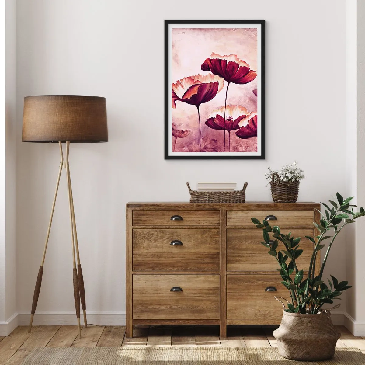 Plakat w czarnej ramie - Malownicze maki na tle subtelnego pastelowego tła - 50x70cm - Płatek czerwony i biały - Nowoczesna dekoracja ścienna do salonu i sypialni ARTTOR
