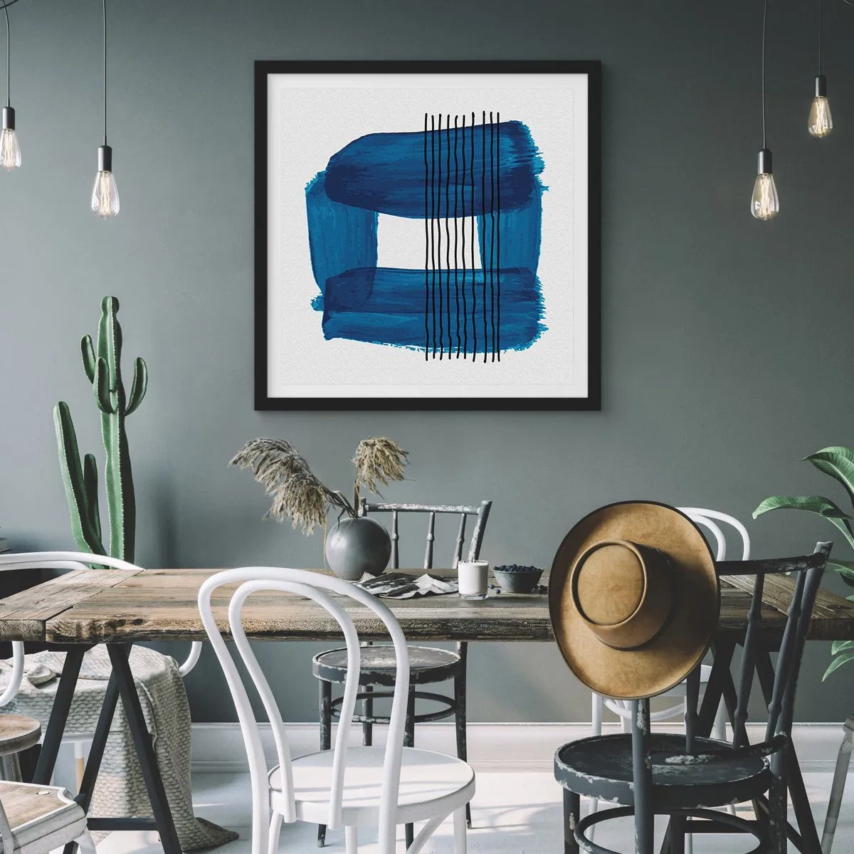 Plakat w czarnej ramie - Niebiesko-czarna kompozycja - 40x40 cm