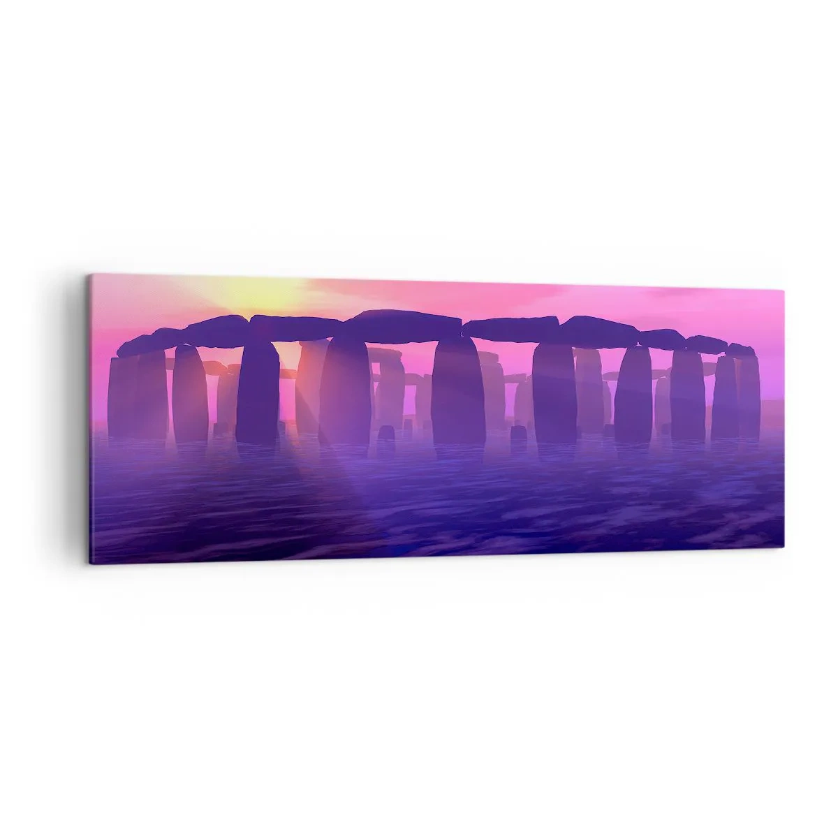 Obraz na płótnie - Kamienny krąg o zachodzie słońca z fioletowym niebem - 140x50cm - Tajemnica o świcie we mgle - Nowoczesna dekoracja ścienna do salonu i sypialni ARTTOR