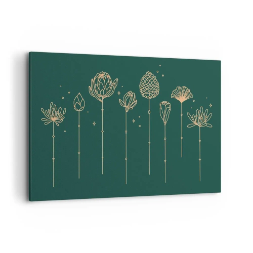 Obraz na płótnie - Złote rysunki ziół na tle ciemnozielonym - 120x80cm - Rodzina ZIÓŁkowskich - Nowoczesna dekoracja ścienna do salonu, kuchni i sypialni ARTTOR