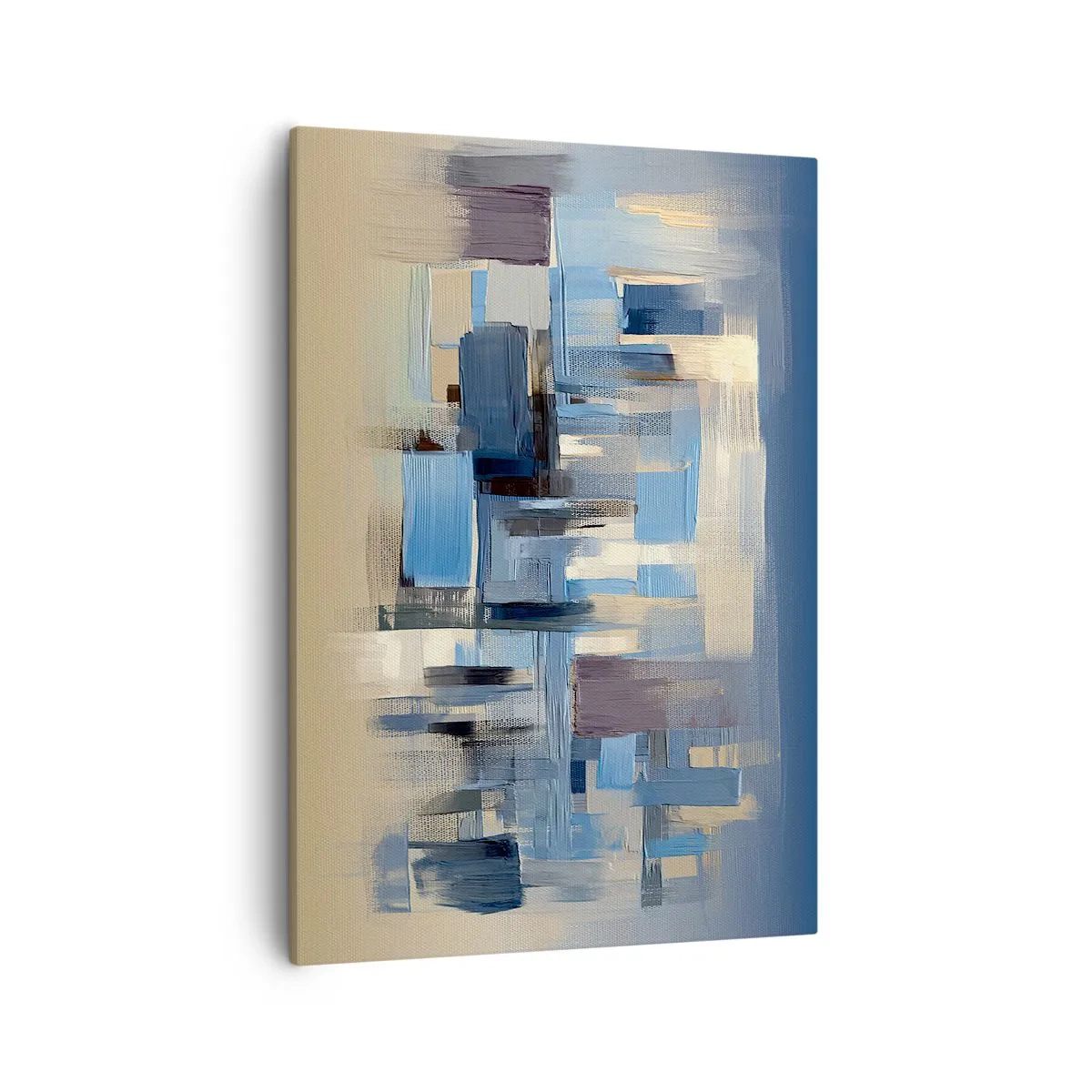 Obraz na płótnie - Abstrakcyjna kompozycja geometrycznych kształtów w odcieniach błękitu i beżu. - 50x70cm - Błękitna konstrukcja - Nowoczesna dekoracja ścienna do salonu, kuchni i sypialni ARTTOR