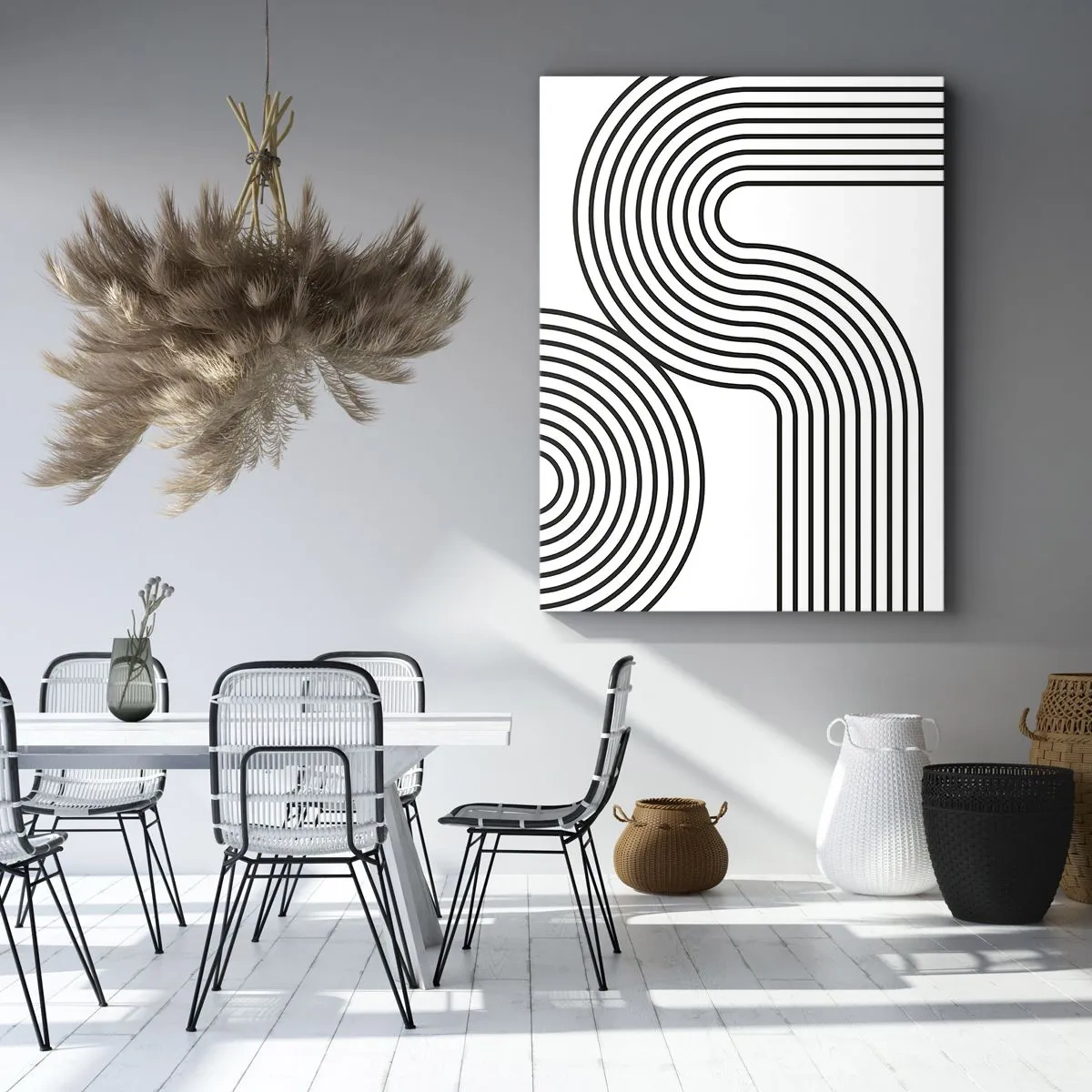 Obraz na płótnie - Abstrakcyjny obraz z czarnymi liniami tworzącymi geometryczne wzory na białym tle - 70x100cm - Na zakręcie - Nowoczesna dekoracja ścienna do salonu i sypialni ARTTOR