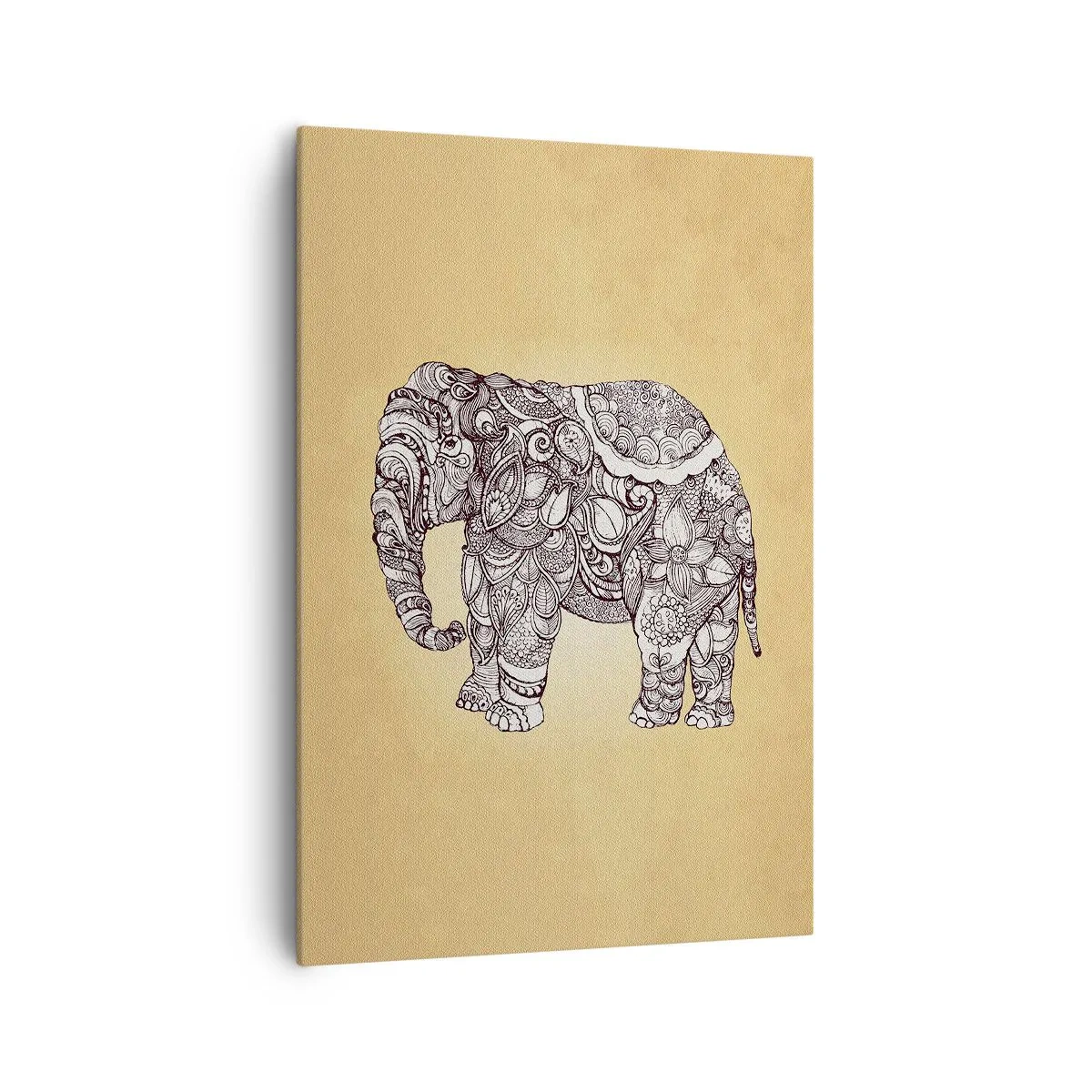 Obraz na płótnie - Ręcznie rysowany słoń z ozdobnym wzorem na beżowym tle - 70x100cm - Słoń się zasłonił - Nowoczesna dekoracja ścienna do salonu i sypialni ARTTOR