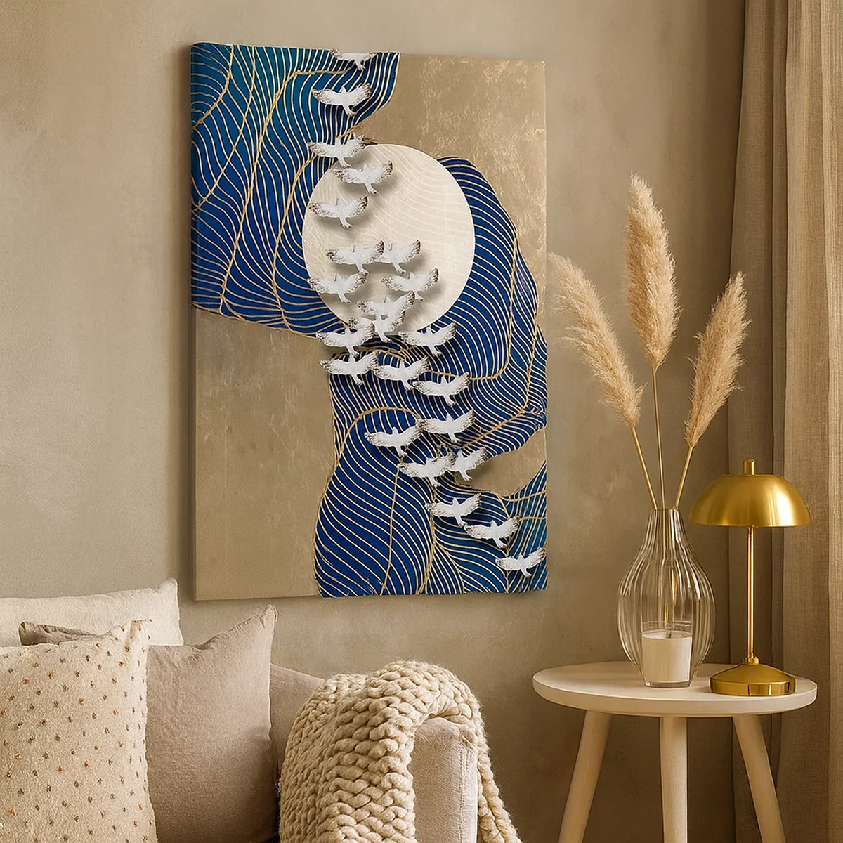 Obraz na płótnie - Abstrakcyjna kompozycja przedstawiająca stado białych ptaków lecących na tle złocistego księżyca i falistych linii - 50x70cm - Wolność, wędrówka, wspólnota - Nowoczesna dekoracja ścienna do salonu, kuchni i sypialni ARTTOR