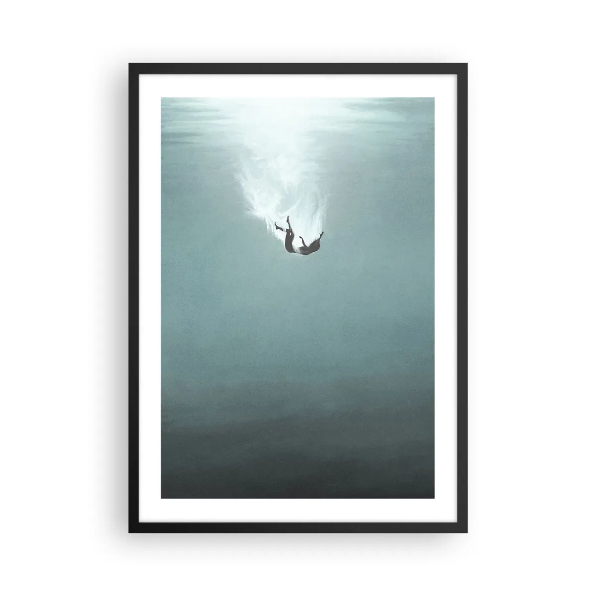 Plakat w czarnej ramie - Sylwetka człowieka opadającego w głębię wody - 50x70cm - W objęciach oceanu - Nowoczesna dekoracja ścienna do salonu i sypialni ARTTOR
