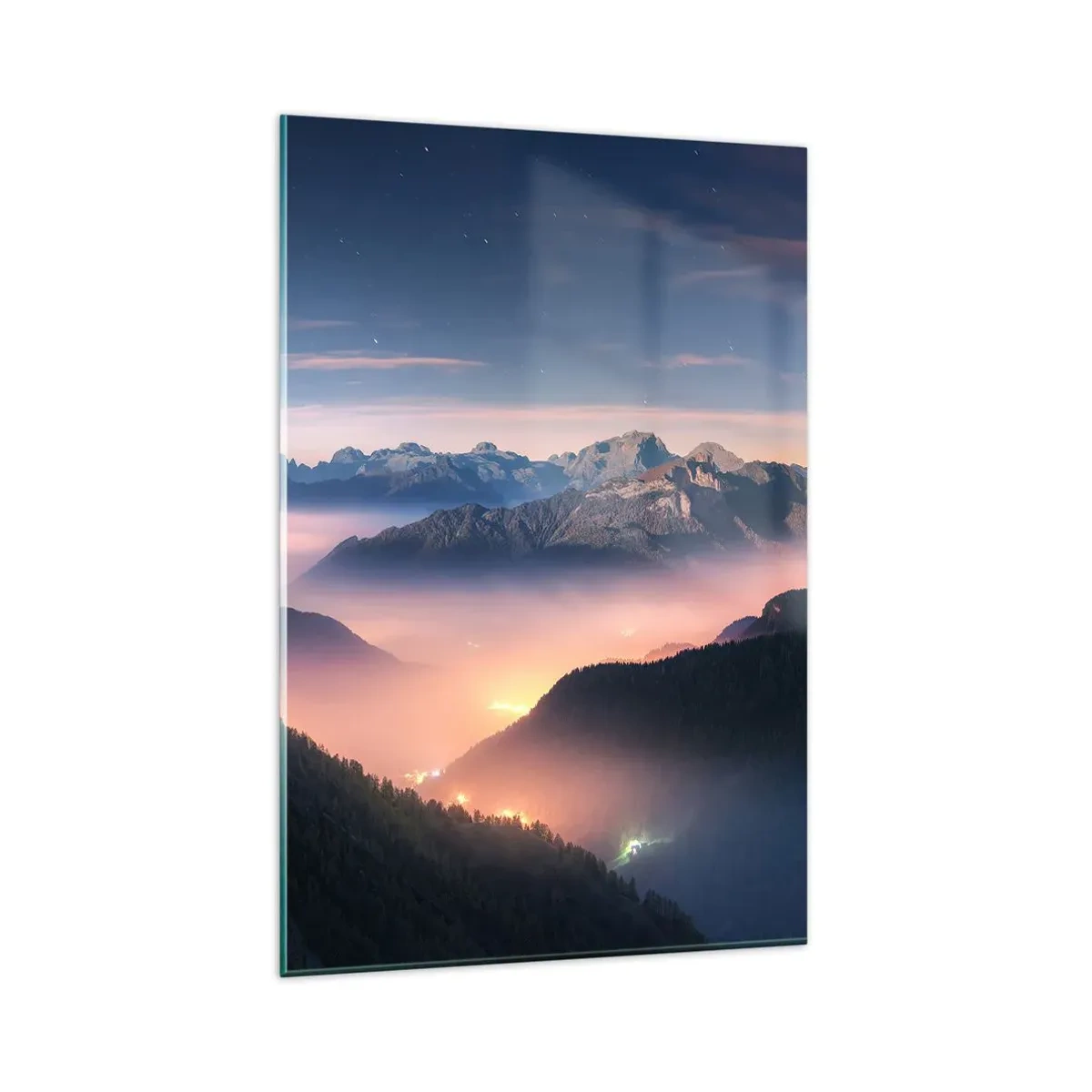 Obraz na szkle - Górski krajobraz z doliną wypełnioną mgłą - 80x120cm - Światło w dolinach - Nowoczesna dekoracja ścienna do salonu i sypialni ARTTOR