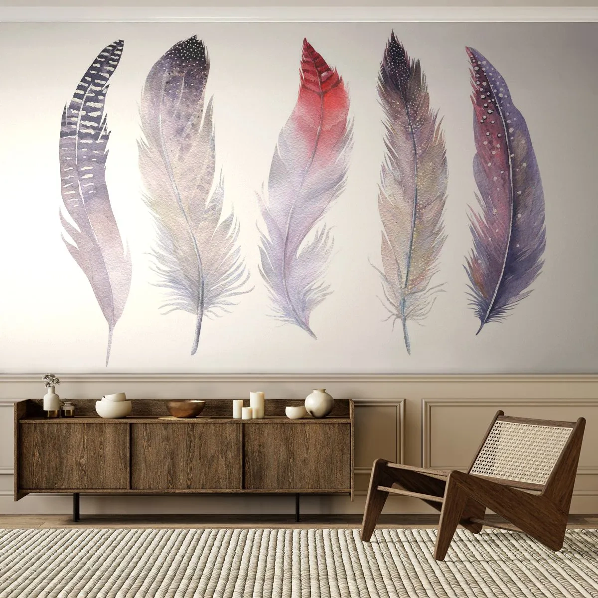 Fototapeta Premium Canvas - Delikatne jak różnobarwna mgła - Ptasie Pióro, Boho, Grafika - 250x175 cm