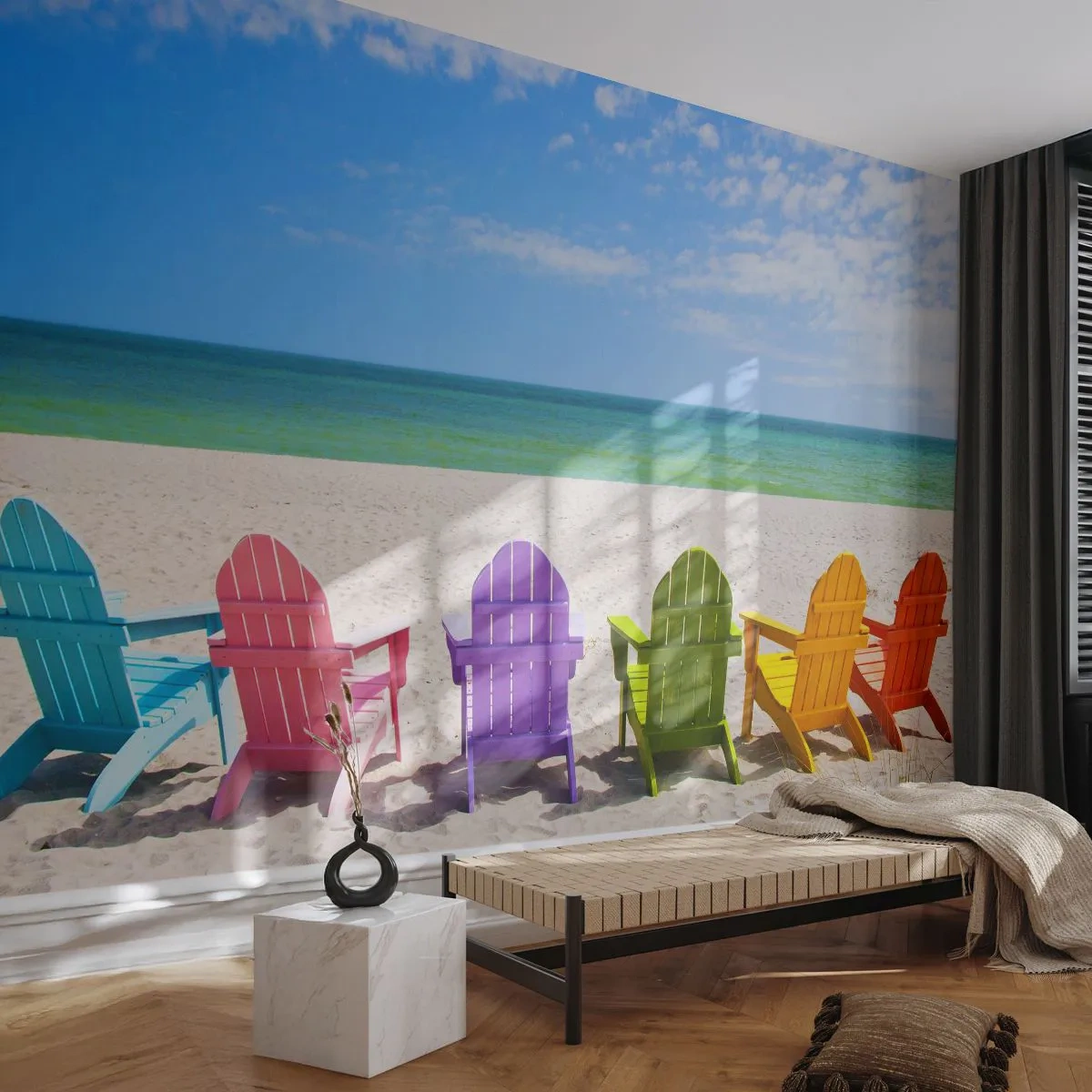 Fototapeta Samoprzylepna Deluxe Sticker - Tęczowa plaża - Krajobraz, Plaża, Leżaki - 250x175 cm