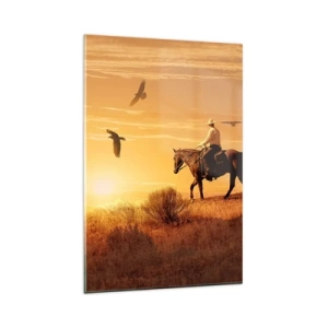 Obraz na szkle - Jezdziec na koniu o zachodzie słońca na tle prerii - 80x120cm - Samotnie przez prerię - Nowoczesna dekoracja ścienna do salonu i sypialni ARTTOR