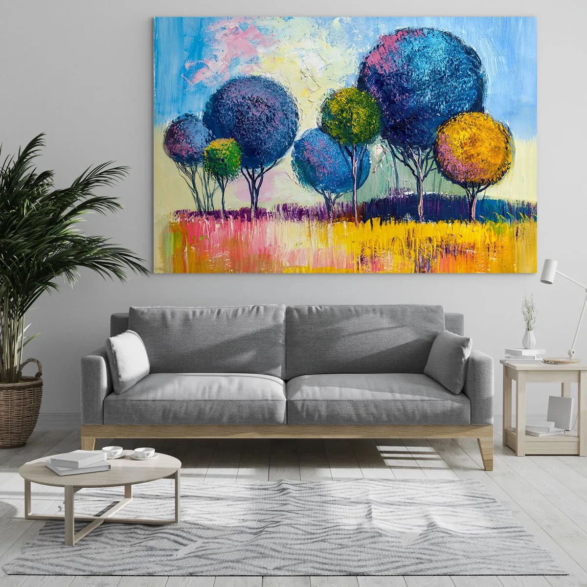 Obraz na szkle - Kolorowe drzewa na tle abstrakcyjnego krajobrazu - 70x50cm - Kula - kształt ideału - Nowoczesna dekoracja ścienna do salonu i sypialni ARTTOR
