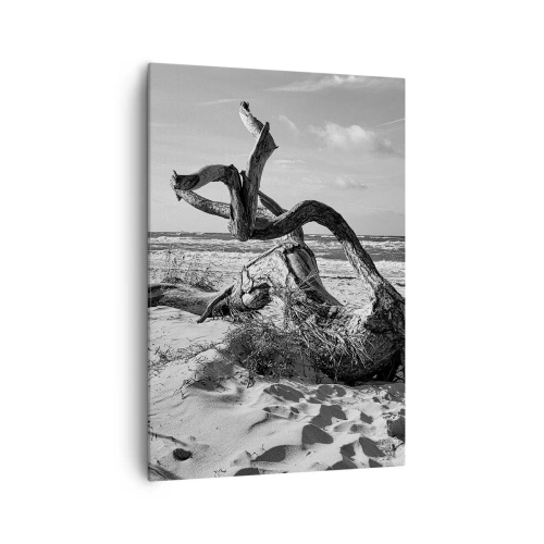 Obraz na płótnie - Czarno-biały krajobraz z martwym drzewem na plaży - 70x100cm - Morska rzeźba - Nowoczesna dekoracja ścienna do salonu i sypialni ARTTOR