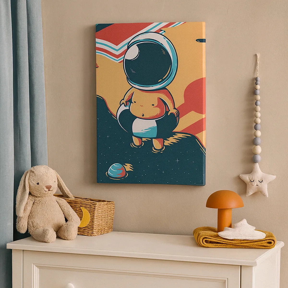 Obraz na płótnie - Astronauta w kąpielówkach z kołem do pływania na tle kosmosu - 50x70cm - Z innej perspektywy - Nowoczesna dekoracja ścienna do salonu, kuchni i sypialni ARTTOR