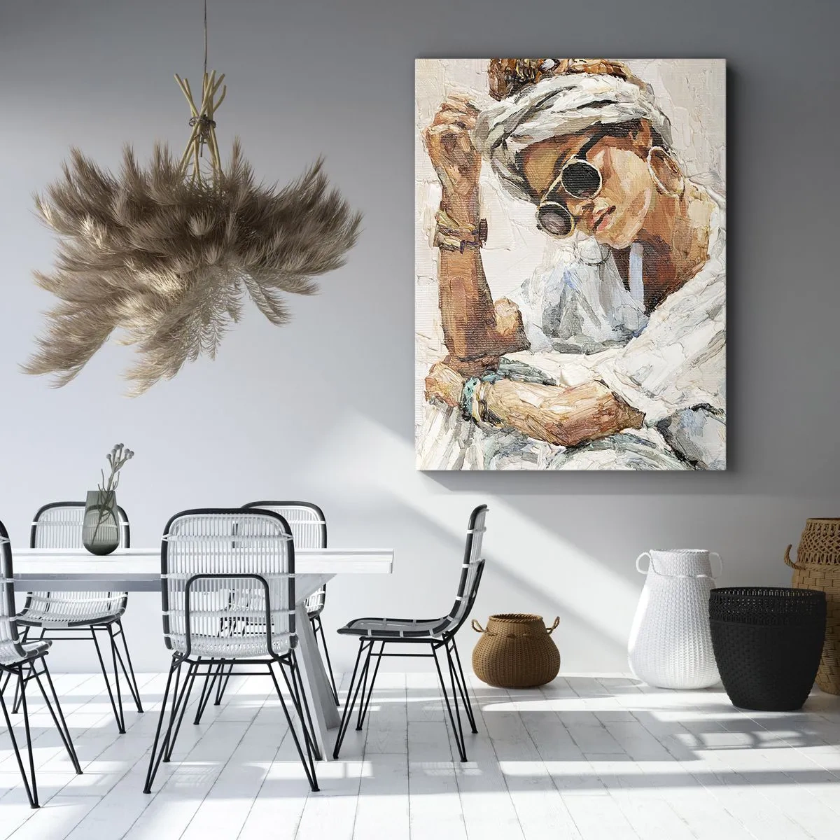 Obraz na płótnie - Stylizowany portret kobiety w okularach przeciwsłonecznych - 50x70cm - Portret w pełnym słońcu - Nowoczesna dekoracja ścienna do salonu, kuchni i sypialni ARTTOR