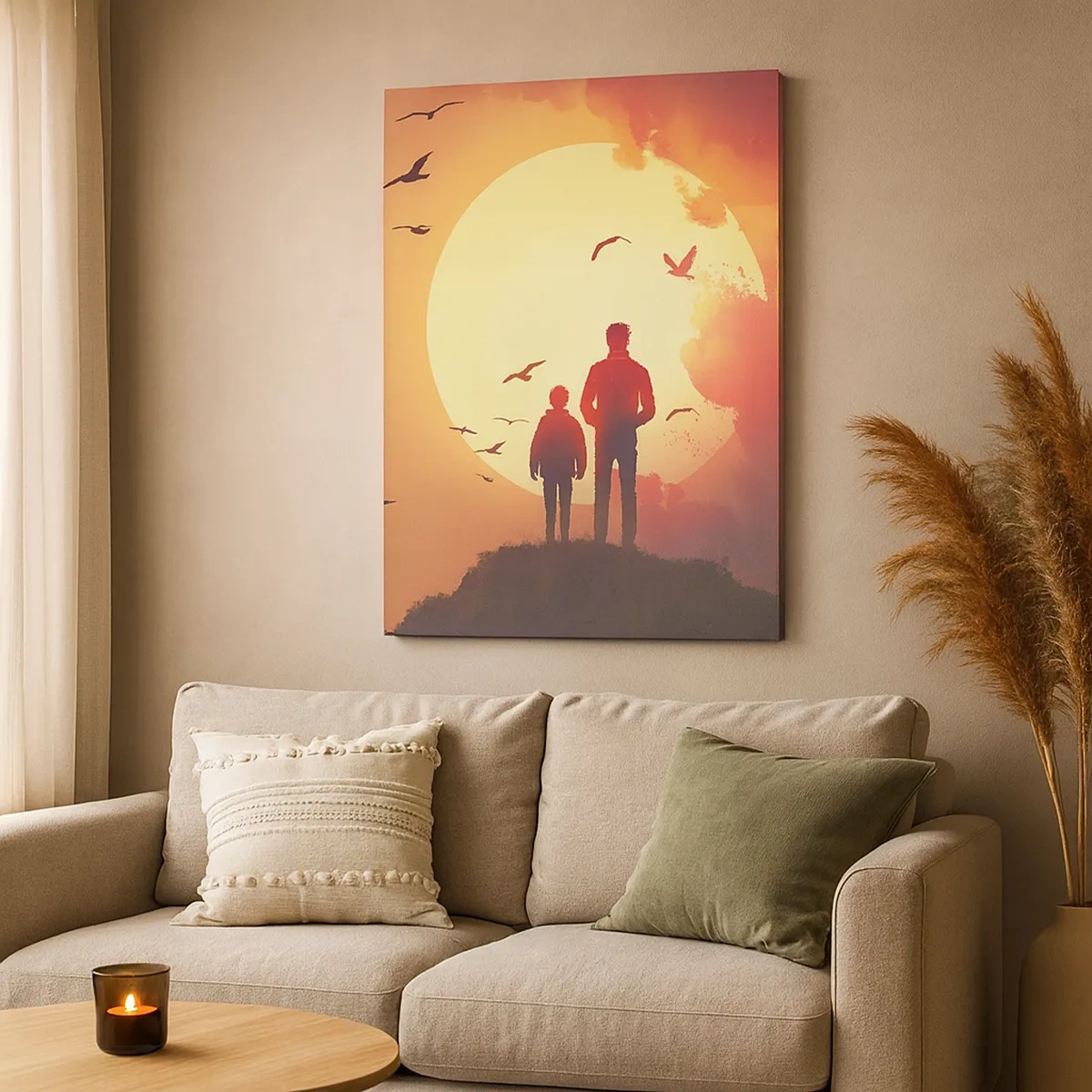 Obraz na płótnie - Sylwetki ojca i syna na wzgórzu oświetlone zachodzącym słońcem z lecącymi ptakami - 50x70cm - Ze słońcem twarzą w twarz - Nowoczesna dekoracja ścienna do salonu, kuchni i sypialni ARTTOR