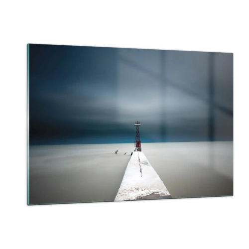 Obraz na szkle - Minimalistyczne molo prowadzące ku latarni na tle morza i nieba - 120x80cm - Na spotkanie bezkresu - Nowoczesna dekoracja ścienna do salonu, kuchni i sypialni ARTTOR