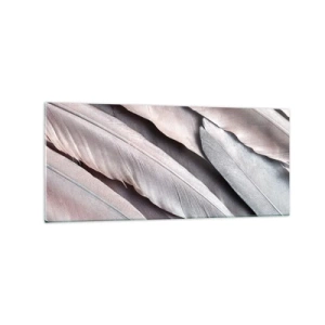 Obraz na szkle - Delikatne pióra w subtelnych odcieniach szarości i beżu - 120x50cm - W różowej srebrzystości - Nowoczesna dekoracja ścienna do salonu i sypialni ARTTOR