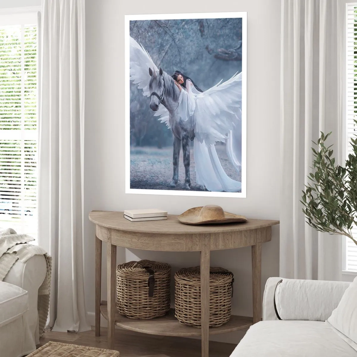 Plakat - Pegaz z białymi skrzydłami i eteryczną postacią - 50x70cm - Natchniona chwila - Nowoczesna dekoracja ścienna do salonu, kuchni i sypialni ARTTOR