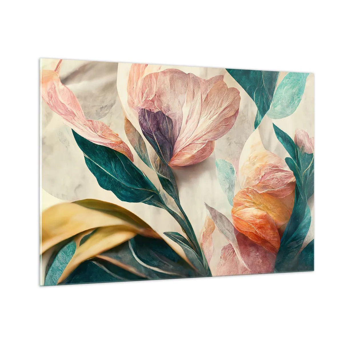 Obraz na szkle - Egzotyczne kwiaty i liście w pastelowych barwach w stylu botanicznym - 100x70cm - Kwiaty wysp południowych - Nowoczesna dekoracja ścienna do salonu, kuchni i sypialni ARTTOR