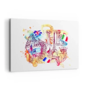 Obraz na płótnie - Akwarela europejskich symboli z flagami krajów - 120x80cm - Europejskie tourne - Nowoczesna dekoracja ścienna do salonu, kuchni i sypialni ARTTOR