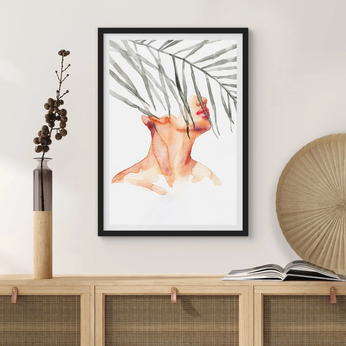 Plakat w czarnej ramie - Akwarelowa kobieta z liśćmi palmy zasłaniającymi twarz - 50x70cm - Poczuć puls tropików - Nowoczesna dekoracja ścienna do salonu i sypialni ARTTOR