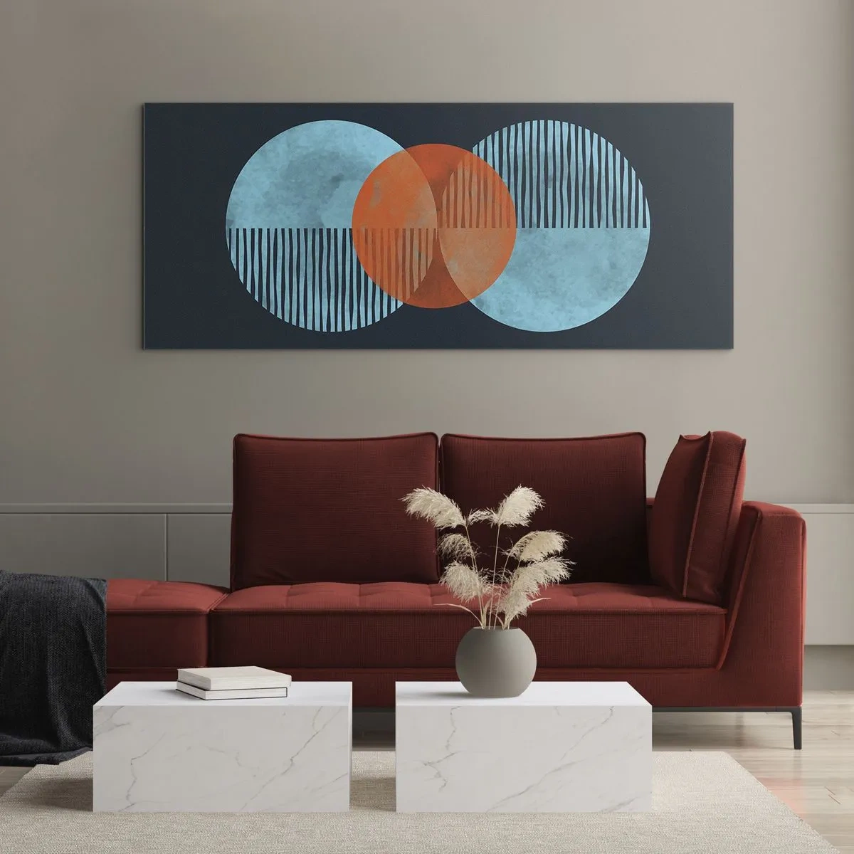 Obraz na szkle - Geometryczne koła w odcieniach niebieskiego i pomarańczowego - 120x50cm - Kompozycja symetryczna - Nowoczesna dekoracja ścienna do salonu i sypialni ARTTOR