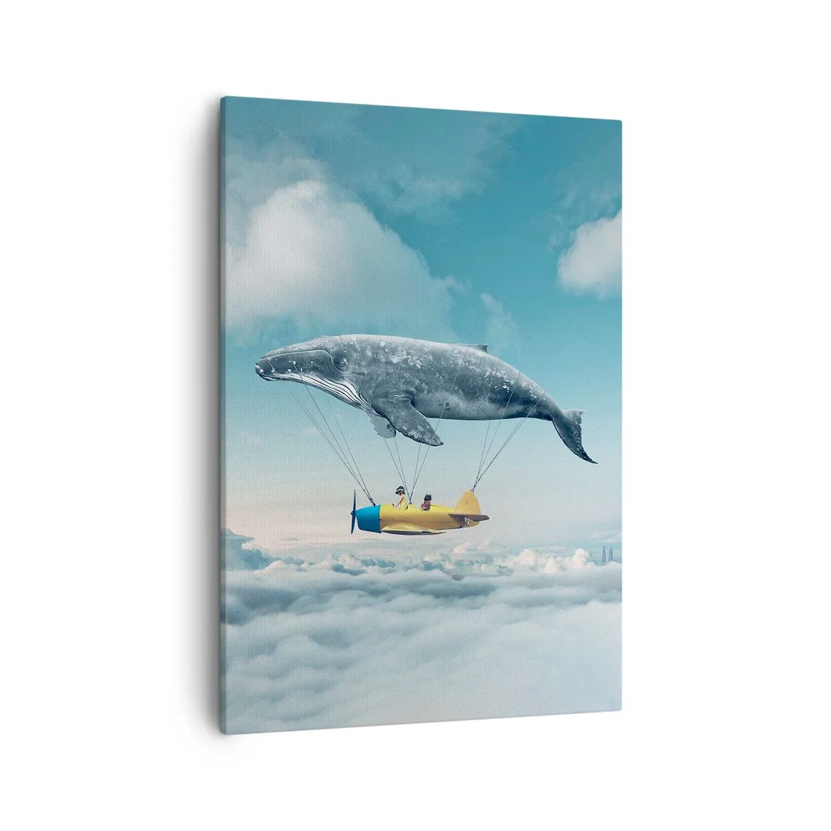Obraz na płótnie - Latający wieloryb unoszący samolot nad chmurami - 50x70cm - Dlaczego nie? - Nowoczesna dekoracja ścienna do salonu, kuchni i sypialni ARTTOR