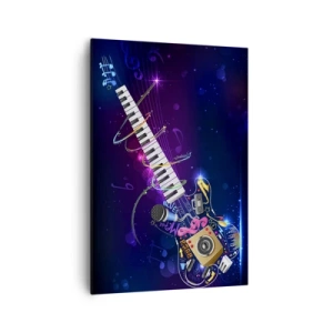 Obraz na płótnie - Kolorowa gitara z klawiaturą i mikrofonem na ciemnym tle - 70x100cm - I wszystko gra - Nowoczesna dekoracja ścienna do salonu i sypialni ARTTOR