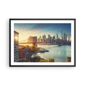 Plakat w czarnej ramie - Panorama miasta z mostem o zachodzie słońca - 70x50cm - Wielkomiejski świt - Nowoczesna dekoracja ścienna do salonu i sypialni ARTTOR