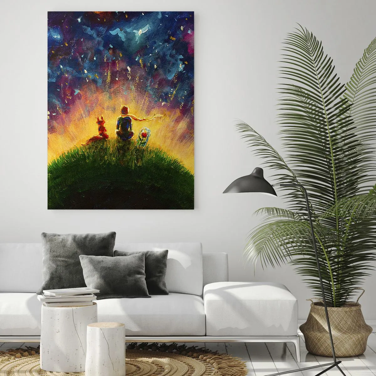 Obraz na szkle - Postać z lisem na planecie pod gwiaździstym niebem - 50x70cm - Miłość i przyjaźń - cały świat - Nowoczesna dekoracja ścienna do salonu, kuchni i sypialni ARTTOR