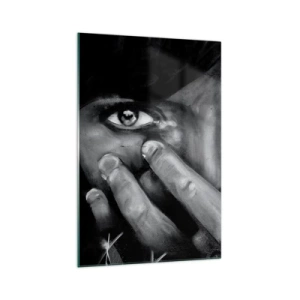 Obraz na szkle - Czarno-biały portret kobiety zakrywającej twarz dłońmi - 70x100cm - Nie powiem, kto namalował - Nowoczesna dekoracja ścienna do salonu i sypialni ARTTOR