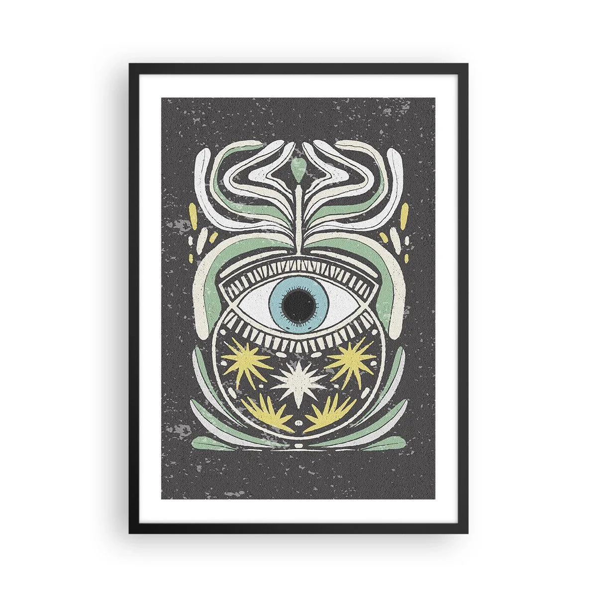 Plakat w czarnej ramie - Symboliczne oko otoczone roślinnymi wzorami na ciemnym tle - 50x70cm - Plemienne rytuały - Nowoczesna dekoracja ścienna do salonu i sypialni ARTTOR