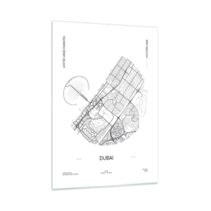 Obraz na szkle - Minimalistyczna mapa Dubaju w czarno-białej stylistyce - 50x70cm - Anatomia Dubaju - Nowoczesna dekoracja ścienna do salonu, kuchni i sypialni ARTTOR