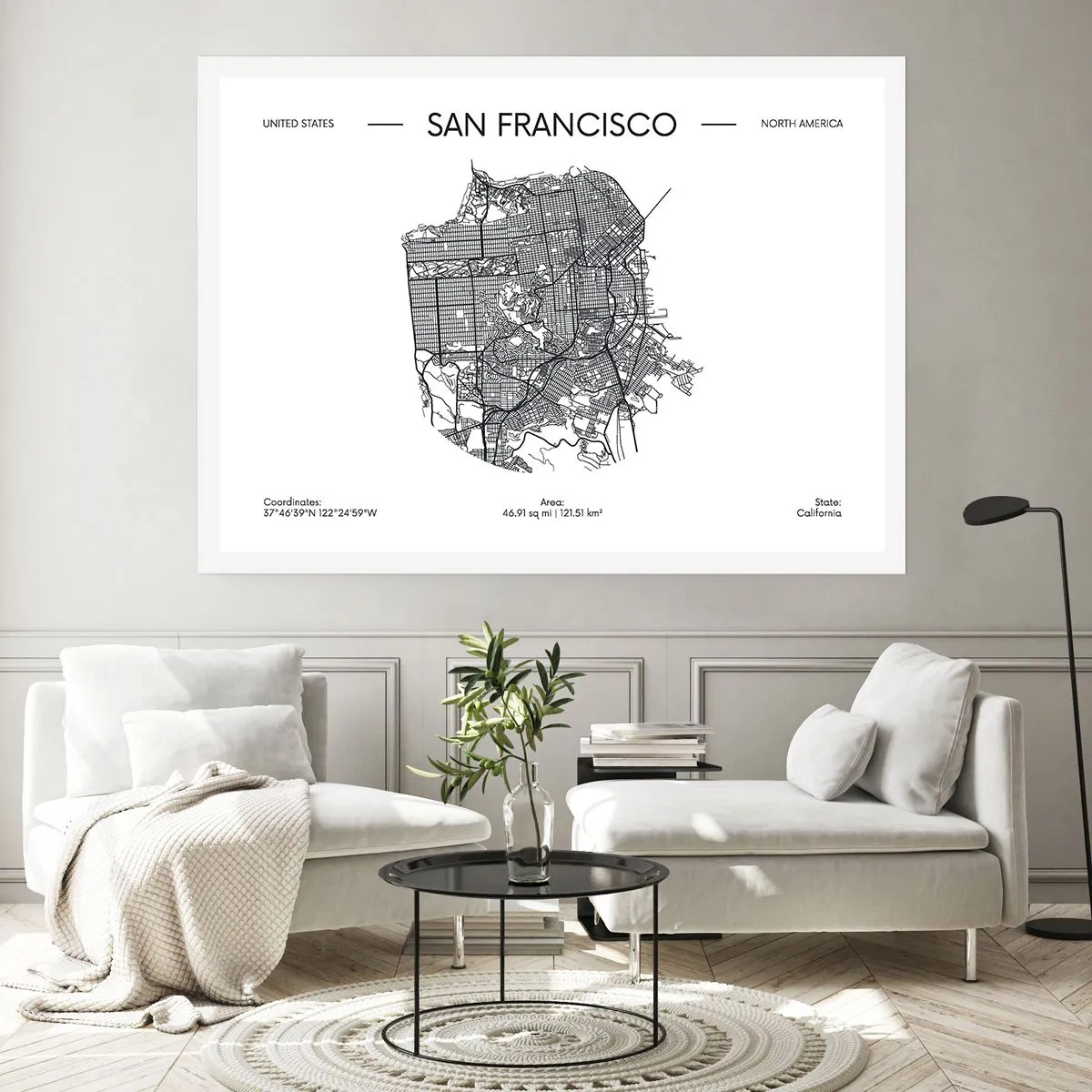 Plakat - Mapa San Francisco w czarno-białym stylu minimalistycznym - 100x70cm - Anatomia San Francisco - Nowoczesna dekoracja ścienna do salonu i sypialni ARTTOR