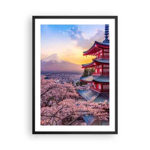 Plakat w czarnej ramie - Pagoda z widokiem na górę Fuji otoczoną kwitnącymi wiśniami o zachodzie słońca - 50x70cm - Esencja japońskiego ducha - Nowoczesna dekoracja ścienna do salonu i sypialni ARTTOR