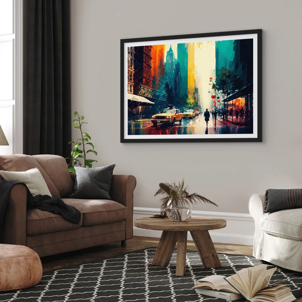 Plakat w czarnej ramie - Tętniące życiem miasto z taksówkami i przechodniami - 70x50cm - Nowy Jork – tu nawet deszcz jest kolorowy - Nowoczesna dekoracja ścienna do salonu i sypialni ARTTOR