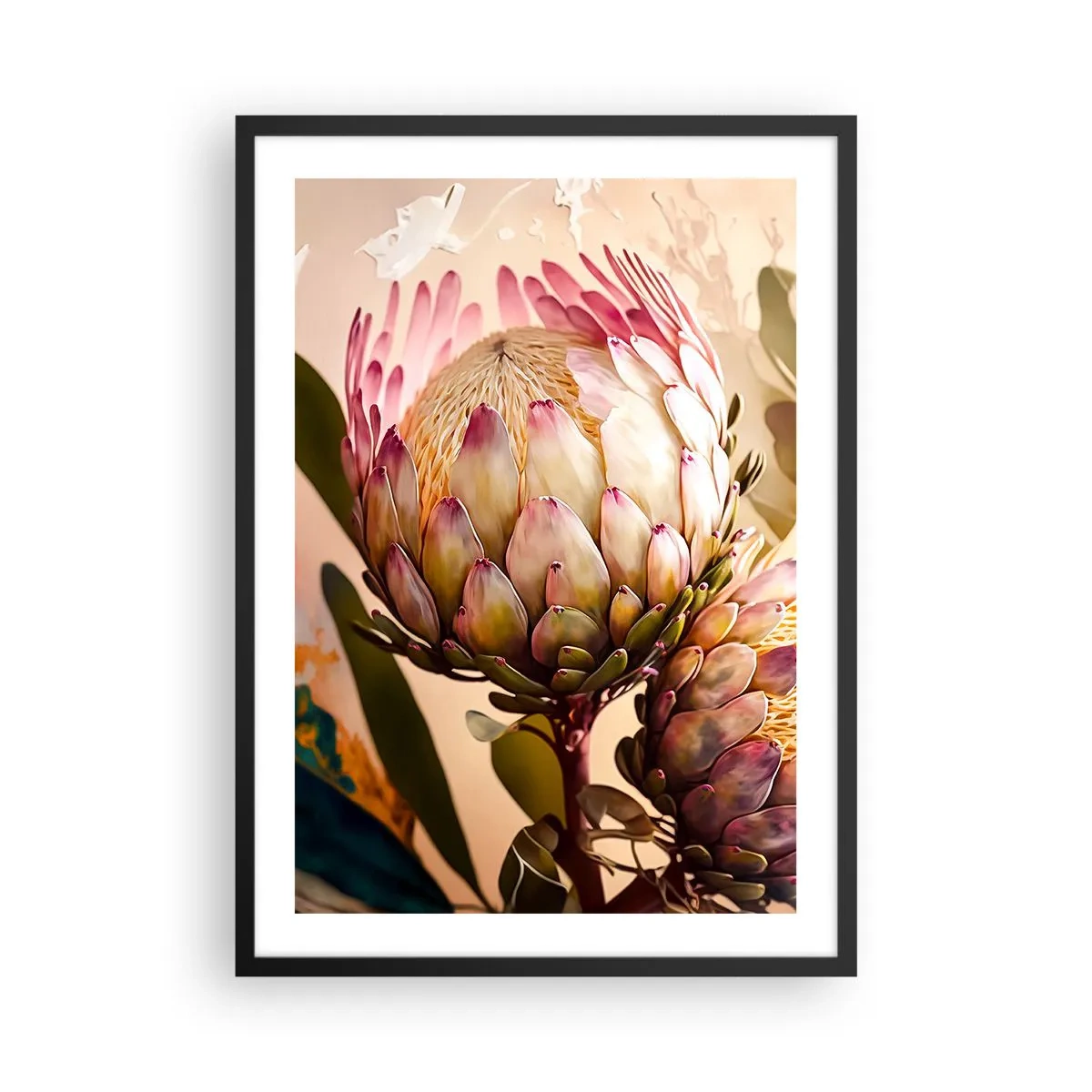 Plakat w czarnej ramie - Zbliżenie kwiatu protea w ciepłych barwach - 50x70cm - Czule objęte - Nowoczesna dekoracja ścienna do salonu i sypialni ARTTOR