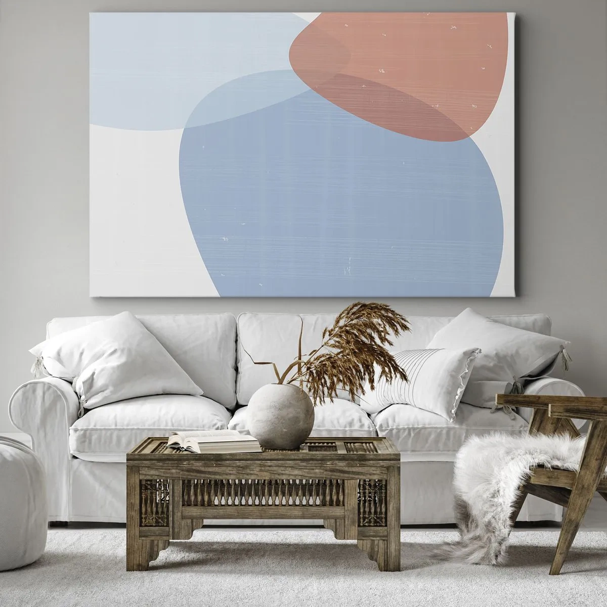 Obraz na płótnie - Abstrakcyjna kompozycja w pastelowych odcieniach niebieskiego i różowego z organicznymi kształtami - 70x50cm - Pastelowe związki - Nowoczesna dekoracja ścienna do salonu i sypialni ARTTOR